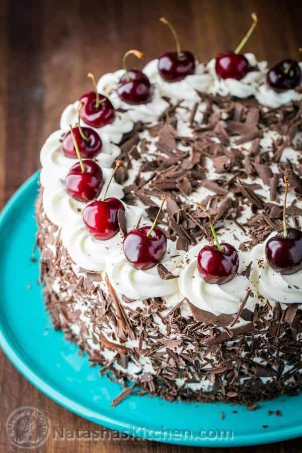 Black forest cake with cherries and chocolate shavings